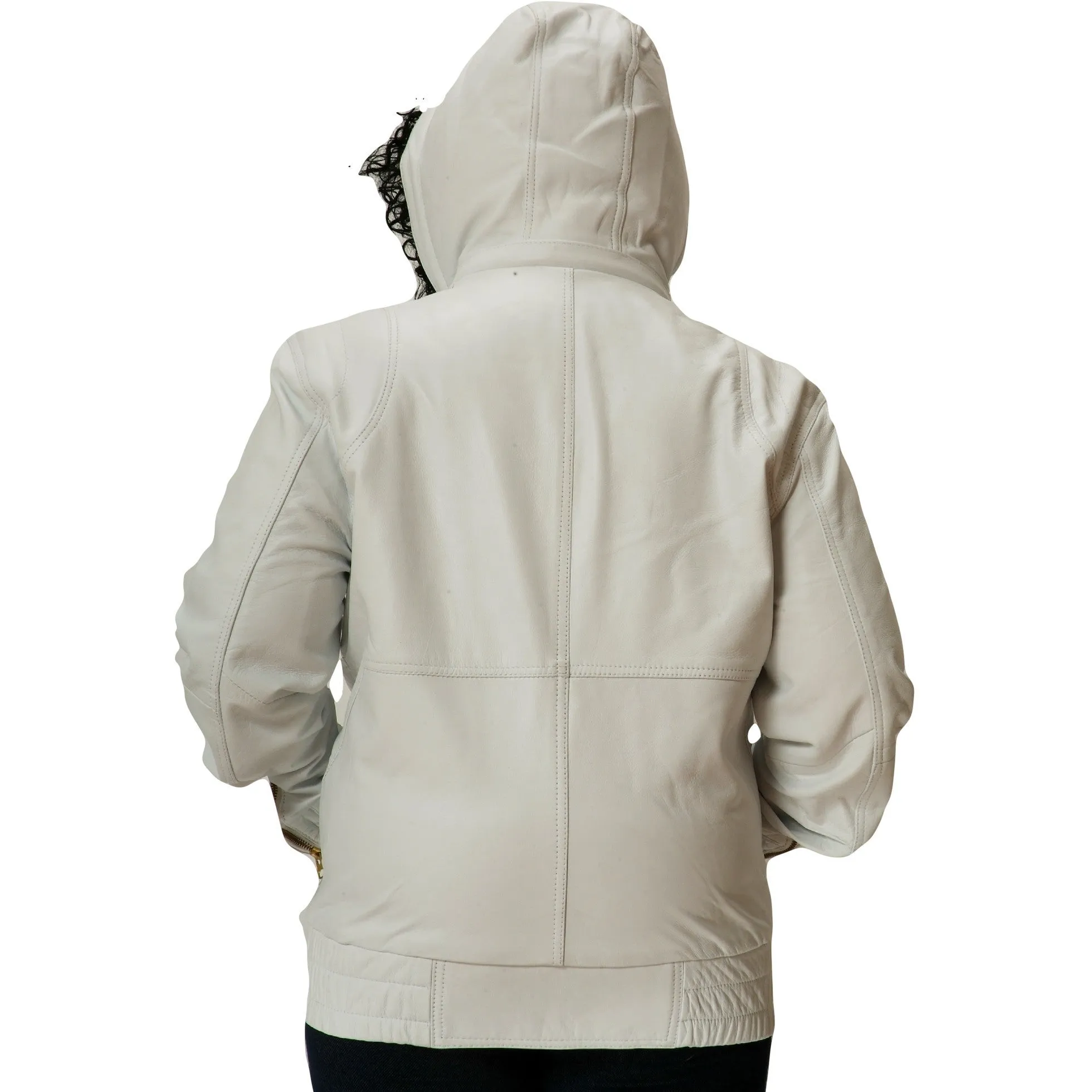 Womens Leather Jacket White Hoodie Smooth Nappa Sheepskin Celebrity style