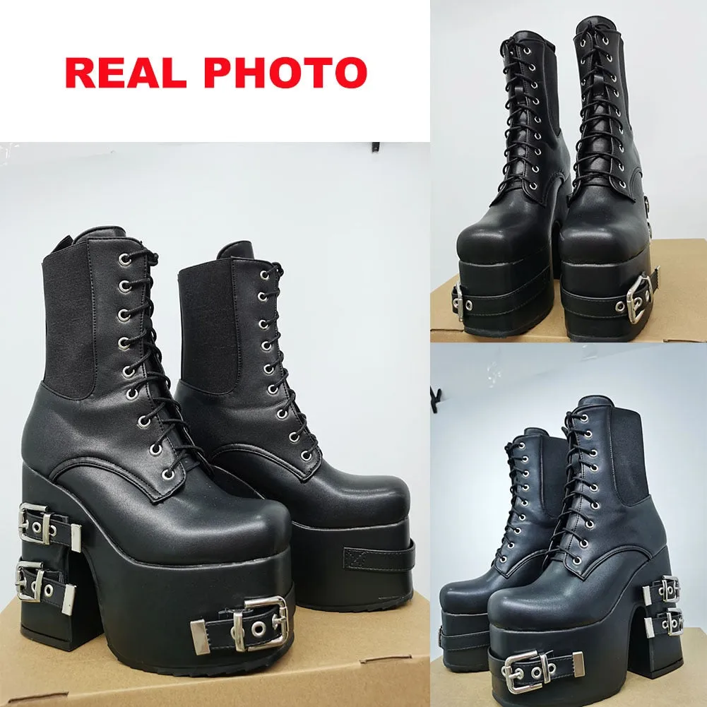 Women's Luxury Metal Buckle Fashion Zipper High Heels Motorcycle Boots