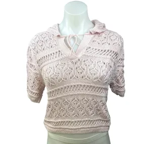 Zara Pink Crochet Collared Tie V-neck Open Knit Short Sleeve Sweater Top Size M