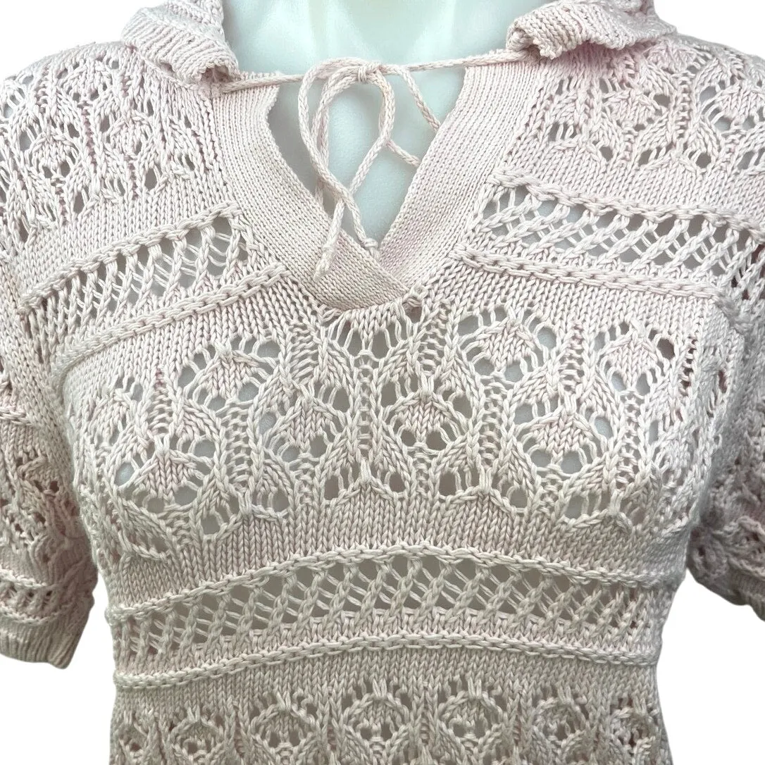 Zara Pink Crochet Collared Tie V-neck Open Knit Short Sleeve Sweater Top Size M