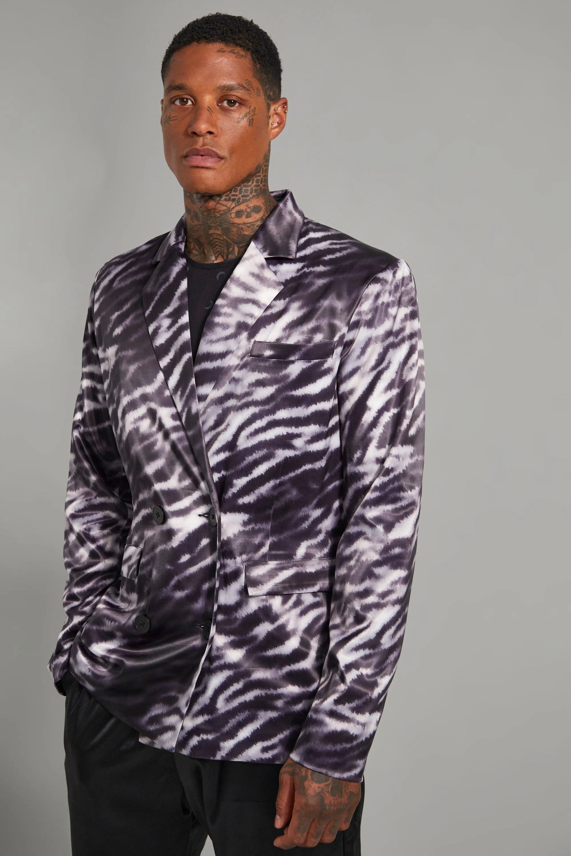 Zebra Printed Satin Double Breasted Blazer Jacket